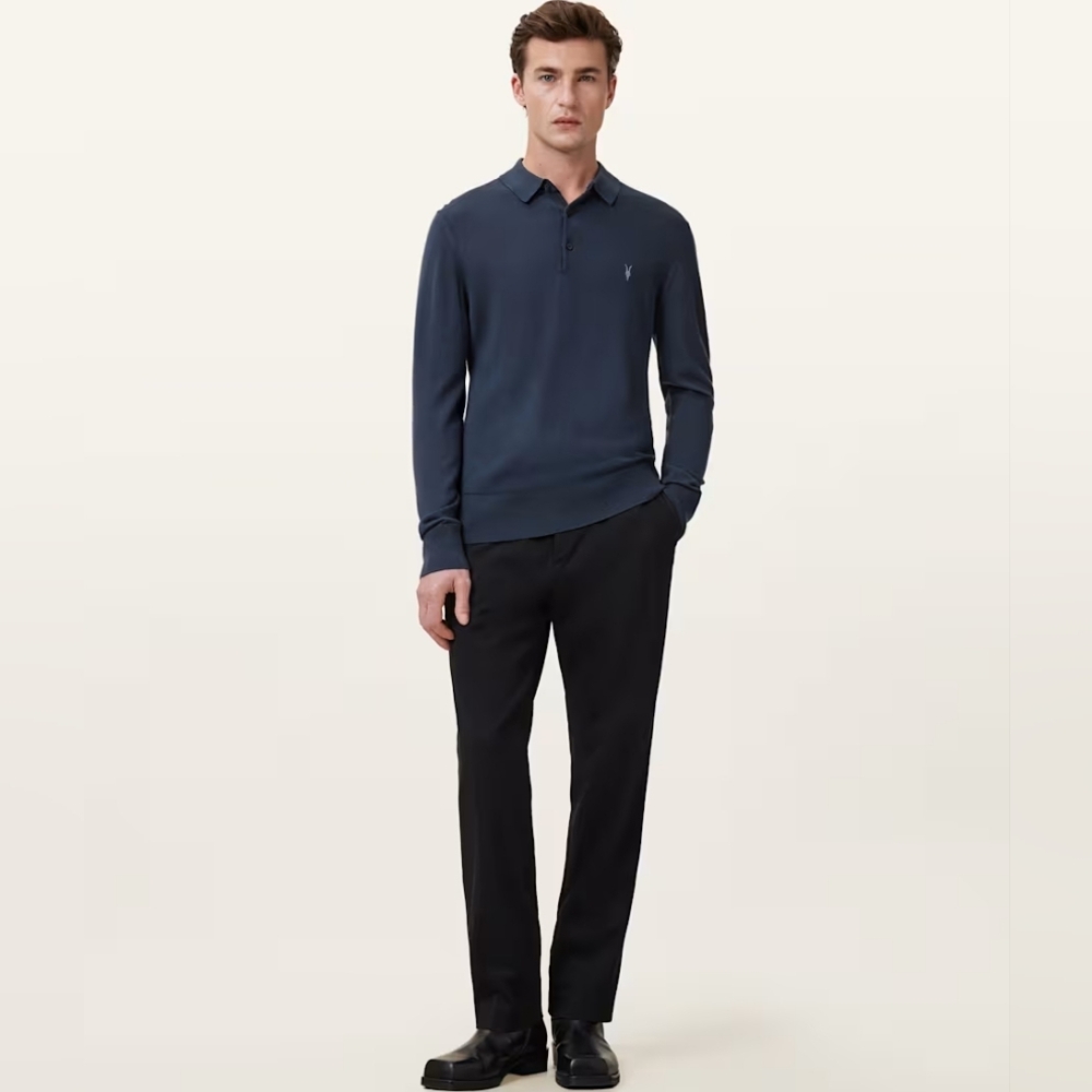 All Saints Mode Merino Long Sleeve Ramskull Polo Shirt size M in EUC